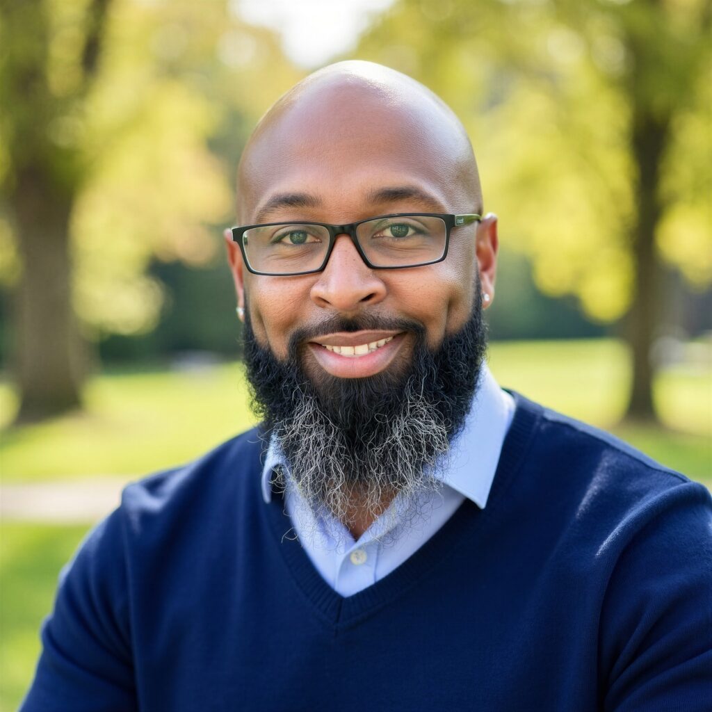 Professional photo of male staff member standing in front of green background.