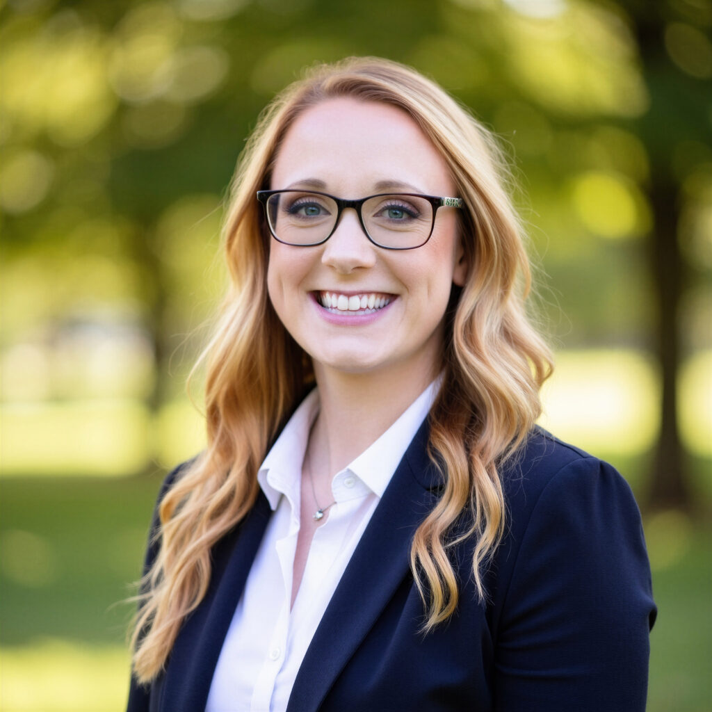Professional headshot of female staff member standing in front of green background.