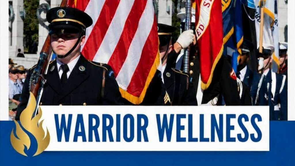 Service member stands at attend. Words "Warrior Wellness" are shown on banner beneath him.