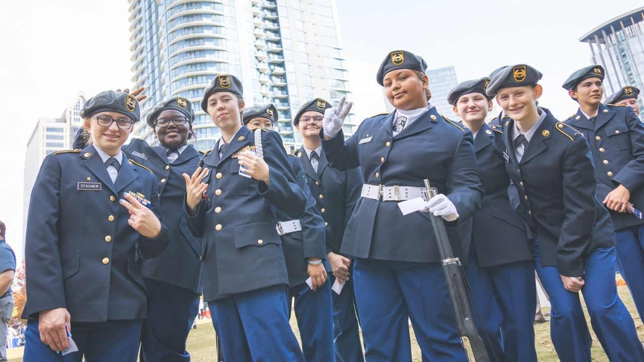 Group of JROTC cadets pose for a photo at the 2025 Carolinas Veterans Day Festival